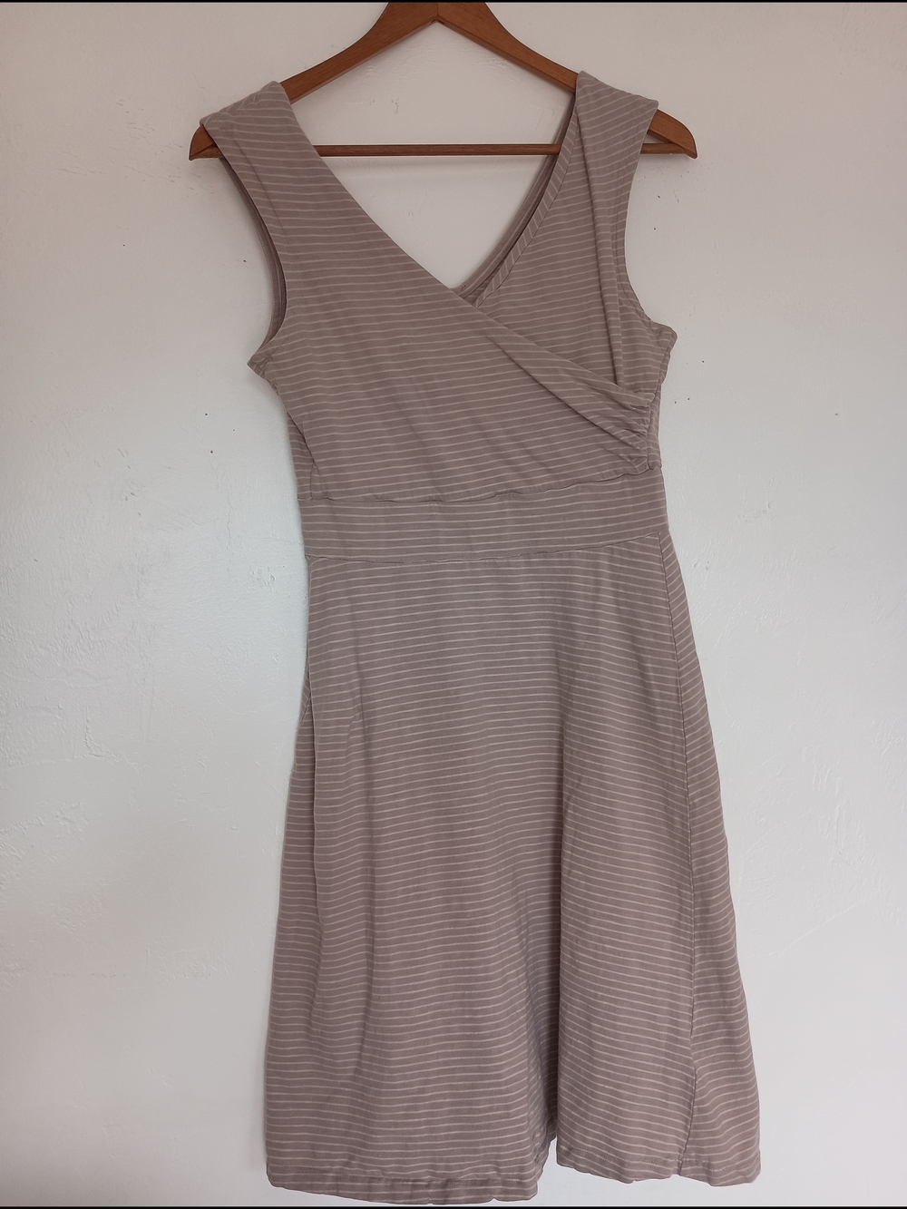 Patagonia Organic Cotton Taupe Striped Wrap Midi Dress